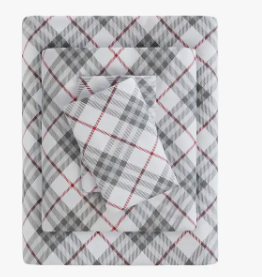 Flannel Cotton Winter Sheet Set, Plaid, Red/Grey