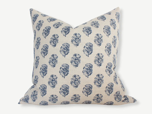 Navy Blue Floral Pillow, Cream Blue Throw Pillow | Owen: 20x20